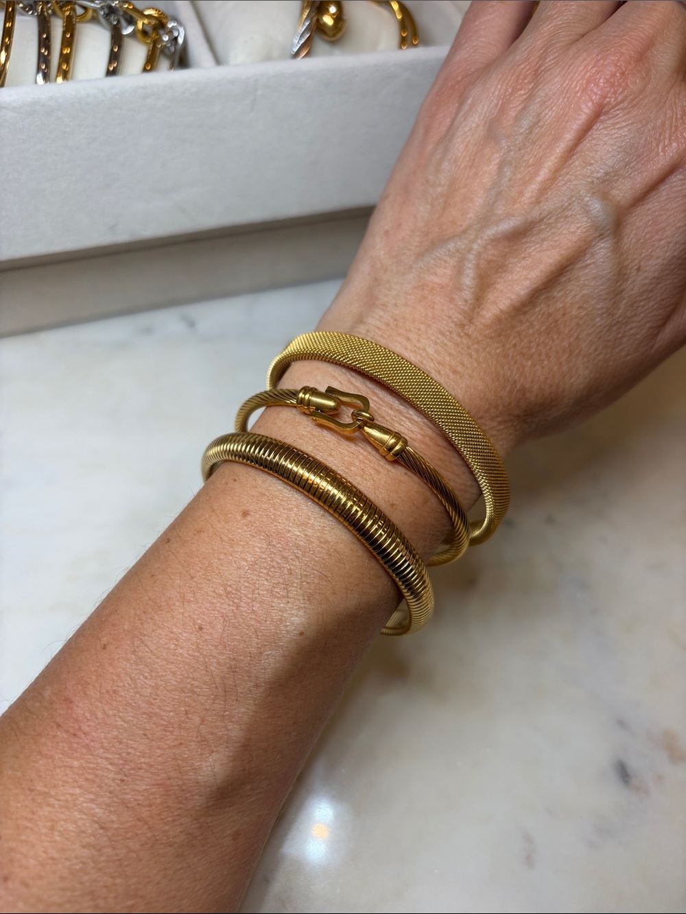 3pc Gold Bracelet Set Stretch Cable Adjustable Stainless Steel.